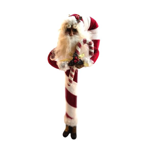 14" Santa Claus Candy Cane Ornament Glitter Details & Bell Vintage Realistic Fac - Picture 1 of 11
